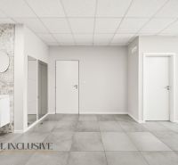 Interior of commercial spaces with tiles and sinks on light walls.