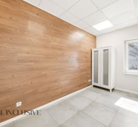 Interior of a commercial space with a decorative wall and a cabinet, floor with wooden decor.