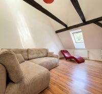 A room in a 2-room apartment with a beige sofa, a red armchair, and a wooden decor floor.