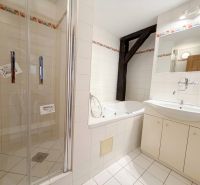 A bathroom with a bathtub and a shower in a 2-room apartment.