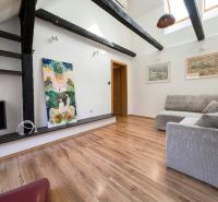Interior of a 2-room apartment with a wooden decor floor and a comfortable sofa.