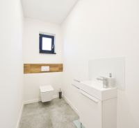 Simple toilet with a narrow sink, window, and wood-decor tiles in a family house.