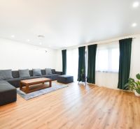 Living room in a family house with a comfortable sofa and a wooden decor floor.