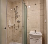A bathroom with a shower and a sink in a 2-room apartment, tiled walls.