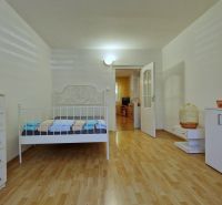 Bedroom in a 2-room apartment with wood-patterned flooring, a white bed, and a dresser.