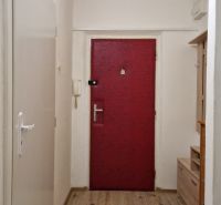The entrance hall of a 2-room apartment with a wooden decor floor and red doors.