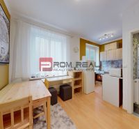 Interior of a 1-bedroom apartment with a dining table, kitchen, and bathroom. Floor with wood decor.
