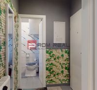 A hallway with decorative wallpaper leads to the toilets in a one-room apartment.