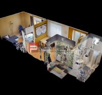 3D model of a 1-bedroom apartment with light walls and a wooden decor floor.