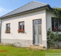 The white facade of the cottage in Divín with flowers in the windows and a green lawn.