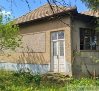 A cottage in Divín with a plastered facade, old windows and doors amidst greenery.