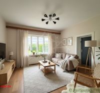 Living room in a cottage with a comfortable gray sofa and a wooden decor floor.