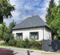 A cottage in Divín with a seamless roof, surrounded by greenery, in front of a well-maintained fence.