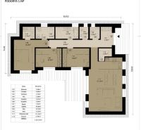 Floor plan of a family house with zones such as kitchen, bathroom, and bedrooms.