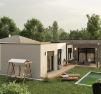 A family house on Slnečná Street in Miloslavov with a terrace, swimming pool, and garden seating.