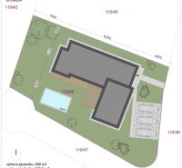 Floor plan of a family house on Slnečná Street in Miloslavov with a swimming pool and parking.