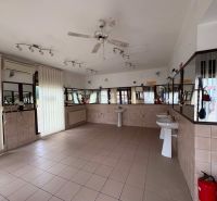 Commercial premises with tiles, sinks, mirrors, fan, and windows.