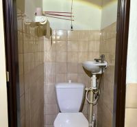 A toilet with a sink, tiled with light tiles in commercial premises.
