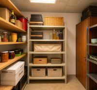 Storage space in a 3-room apartment with shelves and canned goods.