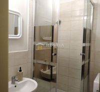 Bathroom in a studio apartment with a shower and a sink.