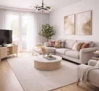 Living room in a three-room apartment with a wooden decor floor and light furniture.