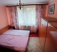 Bedroom in a 3-room apartment with a bed, wardrobe, and wooden decor flooring.