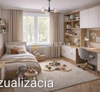 A children's room with a bed, desk, and floor with a wooden decor in a 3-room apartment.
