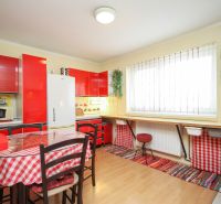 A kitchen in a family house with red cabinets and a wood-patterned floor.