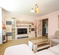 Living room in a family house with dark furniture and a sofa.