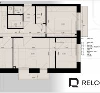 Floor plan of a 4-room apartment with a wooden decor floor, with a kitchen and a bathroom.
