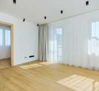 Living room in a 4-room apartment with a wooden decor floor and white curtains.