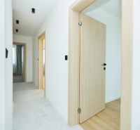 A bright hallway interior with light doors and a wooden decor floor in a 4-room apartment.