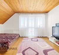 Bedroom in a family house with a wooden ceiling, floor with wooden decor, television.