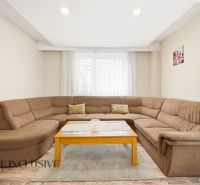Bright living room in a family house with a comfortable sofa and a coffee table.