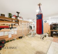 Home gym with a punching bag and flooring with a wooden decor.