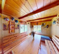 Interior of a cabin with wooden decor, table, benches, and decorations on the walls.