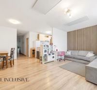 Living room with wood-patterned flooring in a 3-room apartment, gray sofa, dining table.