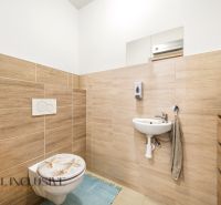 A bathroom in a 3-room apartment with wood decor tiles, a white sink, and a toilet.