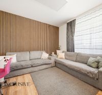 Living room in a three-room apartment with wooden decor and a gray sofa.