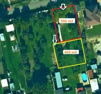 Aerial view of residential plots in Strážske, with dimensions of 506 m² and 492 m².