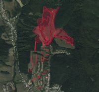 Aerial view of agricultural and forest land in Humenné with marked boundaries.