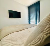 A bedroom in a 3-room apartment with a fan, television, and blinds for comfort.