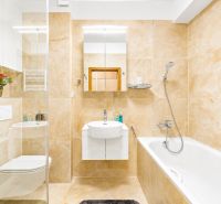 A bathroom in a 4-room apartment with a bathtub, shower, and beige tiles.