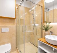 A bathroom with a shower and a sink in a 4-room apartment with wood decor.