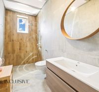 A bathroom in a family house with a wooden decor floor, a mirror, and a modern sink.
