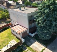 A family house in Topoľníky surrounded by a garden and a large tree on the driveway.