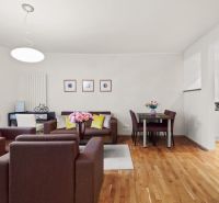 Living room with wood-patterned flooring, furniture, and a table in a two-room apartment.