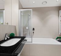 A bathroom in a 2-room apartment with a bathtub, shower, and black sink.