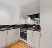 A kitchen in a 2-room apartment with white cabinets and a wood-patterned floor.