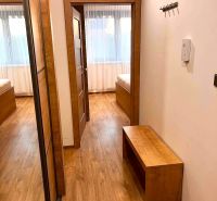 A hallway in a 2-room apartment with a wooden decor floor, a mirror, and a bench.